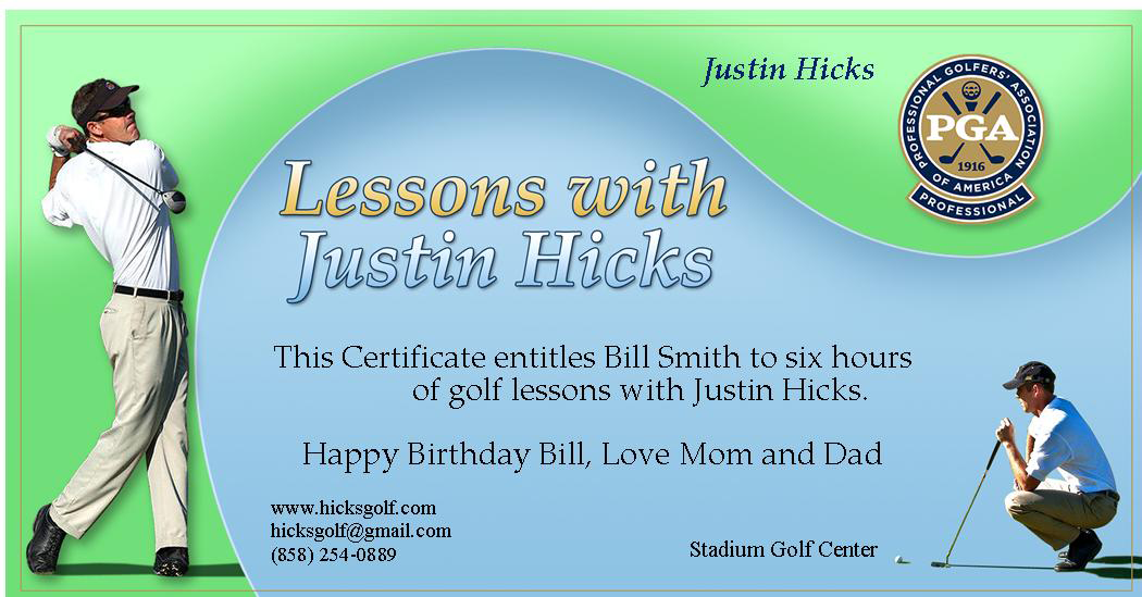 Gift Certificate Purchase For Justin Hicks PGA Golf Lessons In San Diego