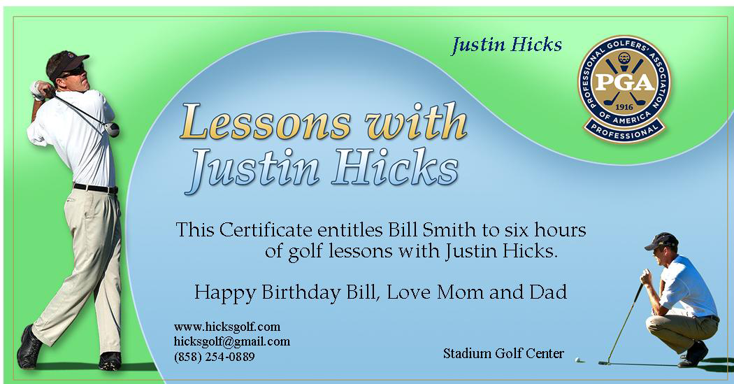 Gift Certificate Purchase for Justin Hicks PGA Golf Lessons in San Diego